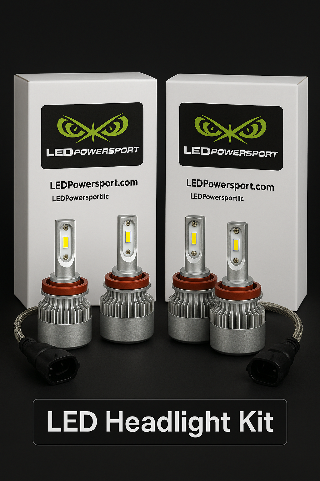 LED Powersport LED Headlight Kit – 4-pack with braided connectors, aluminum heatsinks, and premium packaging. Displayed in front of branded LEDPowersport boxes with logo and contact email.