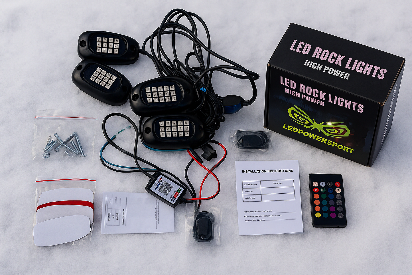 Snowmobile LED underglow pod light kit contents on snow — 6 RGB pods, wiring, controller, remotes and mounting hardware.