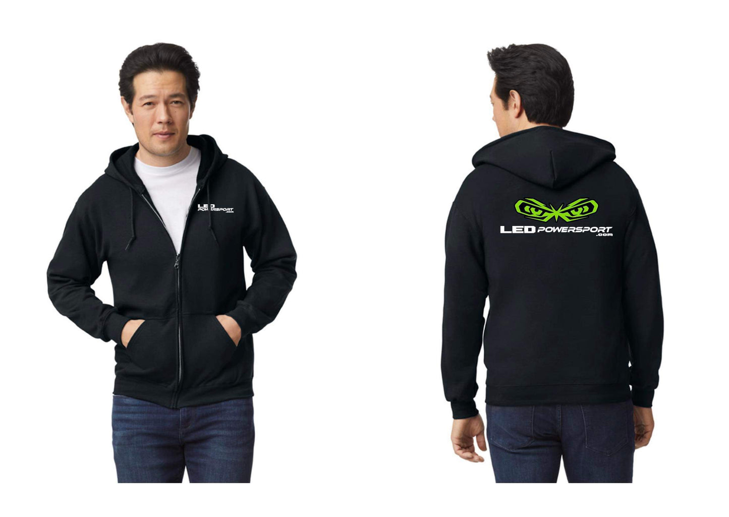 Black LEDPowersport hoodie with full zipper, white chest logo, and bold green eyes back graphic; shown front and back on model.