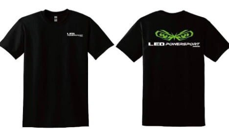LEDPowersport™ black performance t-shirt collage showing front chest logo and back green eyes design