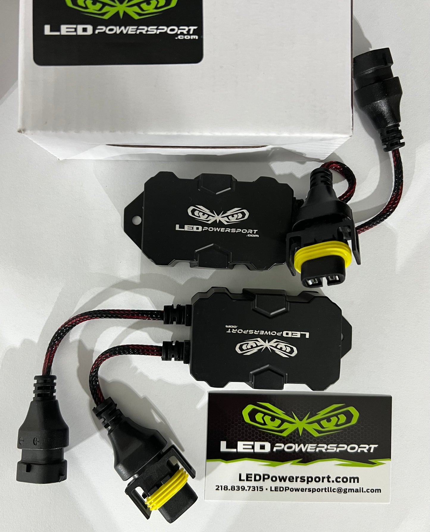 881 880 H11 AC to DC LED headlight rectifier 2-pack with box and business card – LEDPowersport plug-and-play converters for snowmobiles, ATVs, motorcycles.