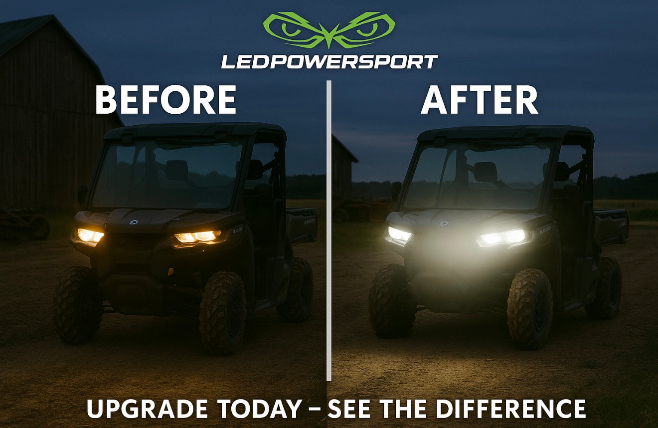 Before and after comparison of UTV headlights with LEDPowersport LED upgrade - Can-Am side by side