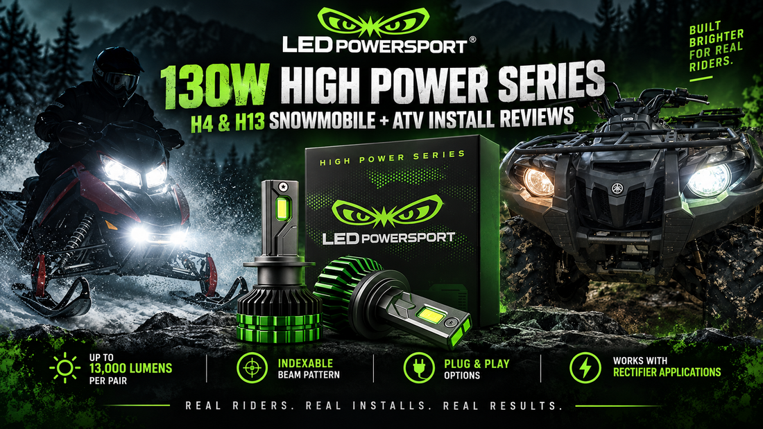 LEDPowersport® 130W High Power Series H4 and H13 LED headlight bulbs with snowmobile and Yamaha ATV installs in winter conditions
