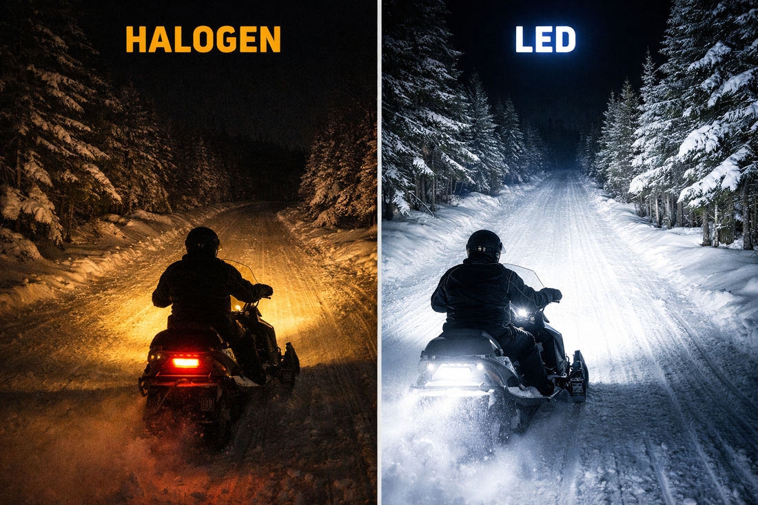 Snowmobile LED headlights illuminating a night trail compared to halogen headlights, showing brighter white light and longer beam distance from an LED snowmobile headlight upgrade kit