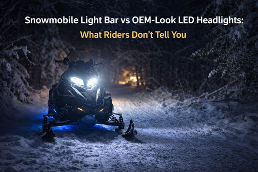 snowmobile light bar vs oem look led headlights comparison showing bright white factory style led headlights on wooded trail at night