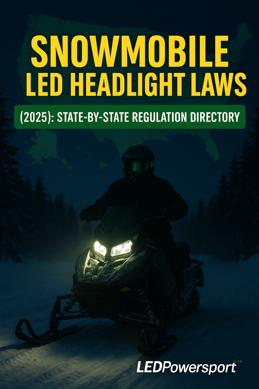 Snowmobile with bright white LED headlights at night, graphic for 2025 snowmobile LED headlight laws state-by-state regulation directory.