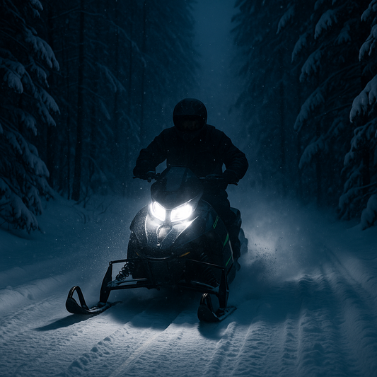 Snowmobile riding through a snowy forest trail at night with bright white LED headlights cutting through darkness and snowfall.