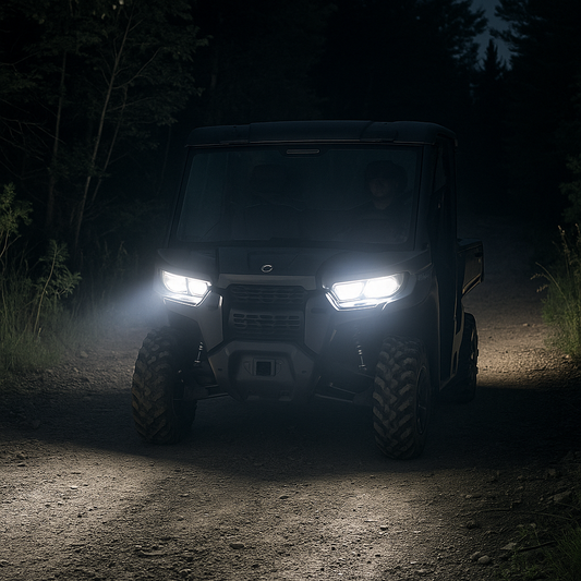Can-Am Defender with LEDPowersport High Power Series LED headlights on rugged night trail, bright white beam lighting forest path