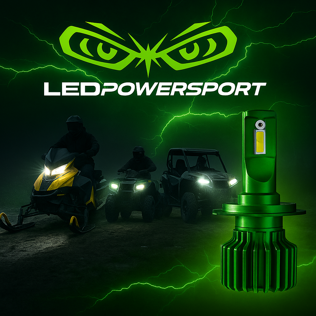 2026 powersport LED headlights on snowmobile, ATV, and UTV with LEDPowersport High Power Series bulb and green lightning.