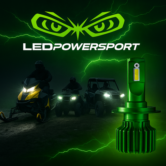 2026 powersport LED headlights on snowmobile, ATV, and UTV with LEDPowersport High Power Series bulb and green lightning.