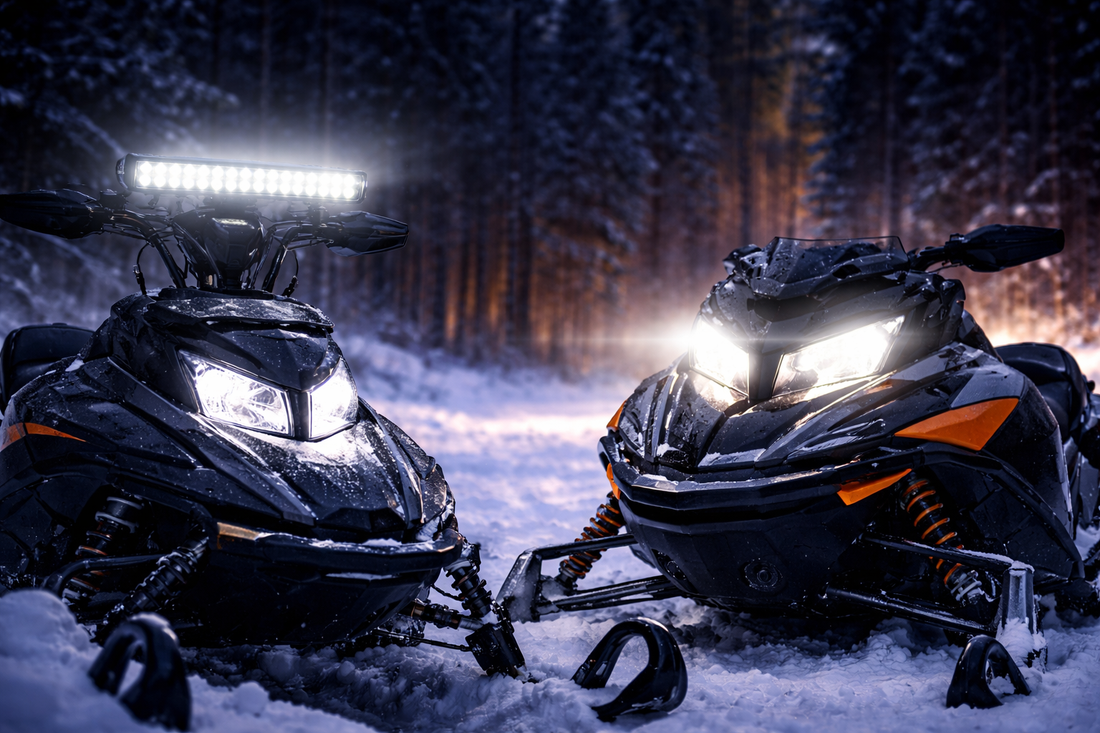 Light bar on snowmobile compared to OEM LED headlight upgrade with clean factory look
