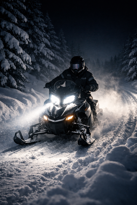 snowmobile LED headlights lighting a snowy trail at night