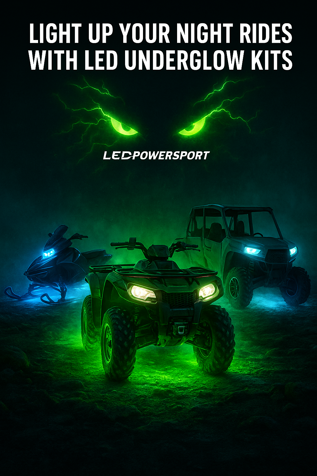 ATV, UTV, and snowmobile with vibrant green and blue LED underglow lighting at night, glowing terrain and fog, LEDPowersport logo above, off-road LED lighting kits