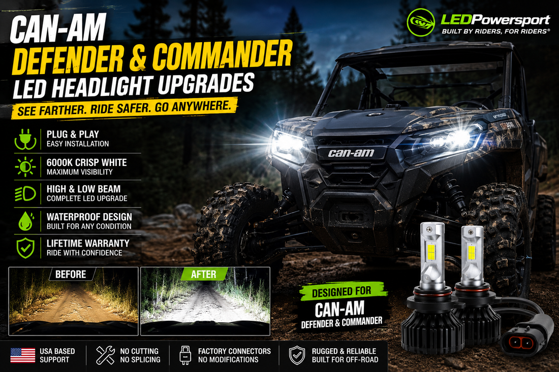 Can-Am Defender and Commander LED headlight upgrade kit with 6000K plug-and-play LED bulbs