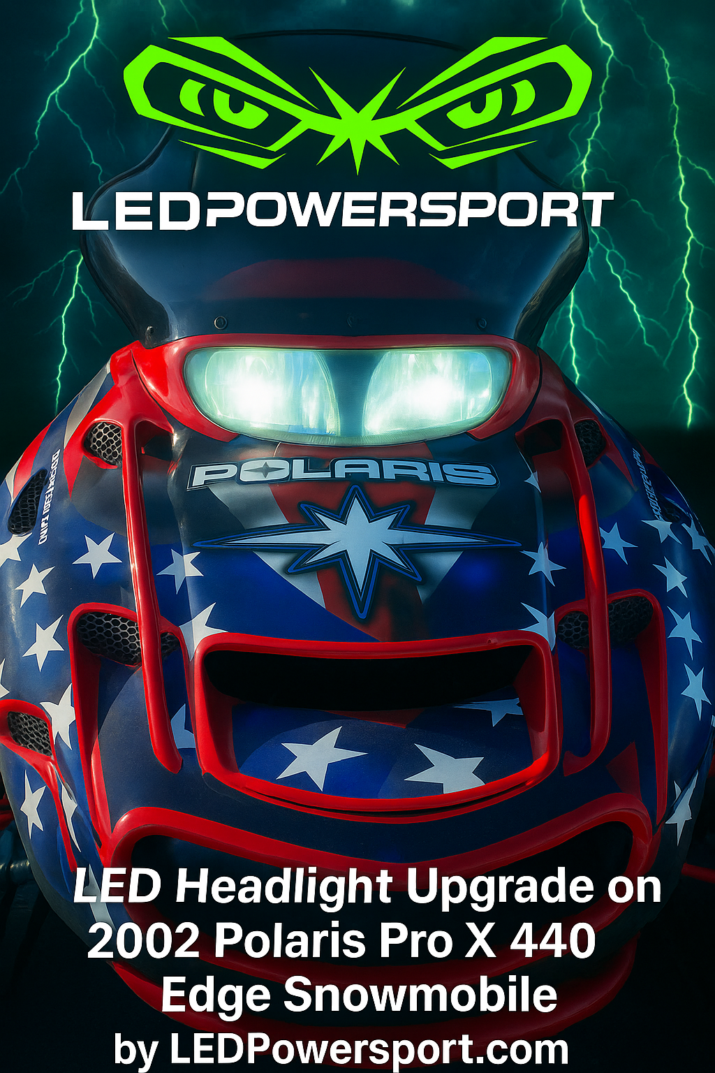 2002 Polaris Pro X 440 snowmobile with LEDPowersport™ 130W High Power Series LED headlights – snowmobile LED headlight install by LEDPowersport.com