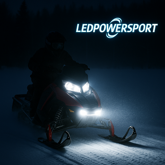 Snowmobile riding at night with bright white LED headlights installed, showcasing LEDPowersport lighting kit for Polaris, Ski-Doo, and Arctic Cat models