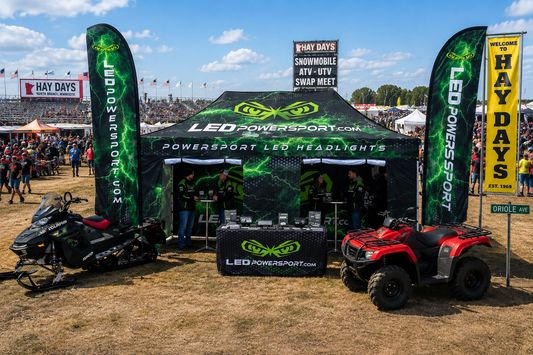 LEDPowersport® Hay Days booth featuring snowmobile LED headlights, snowmobile LED lighting upgrades and branded vendor tent in North Branch, Minnesota.