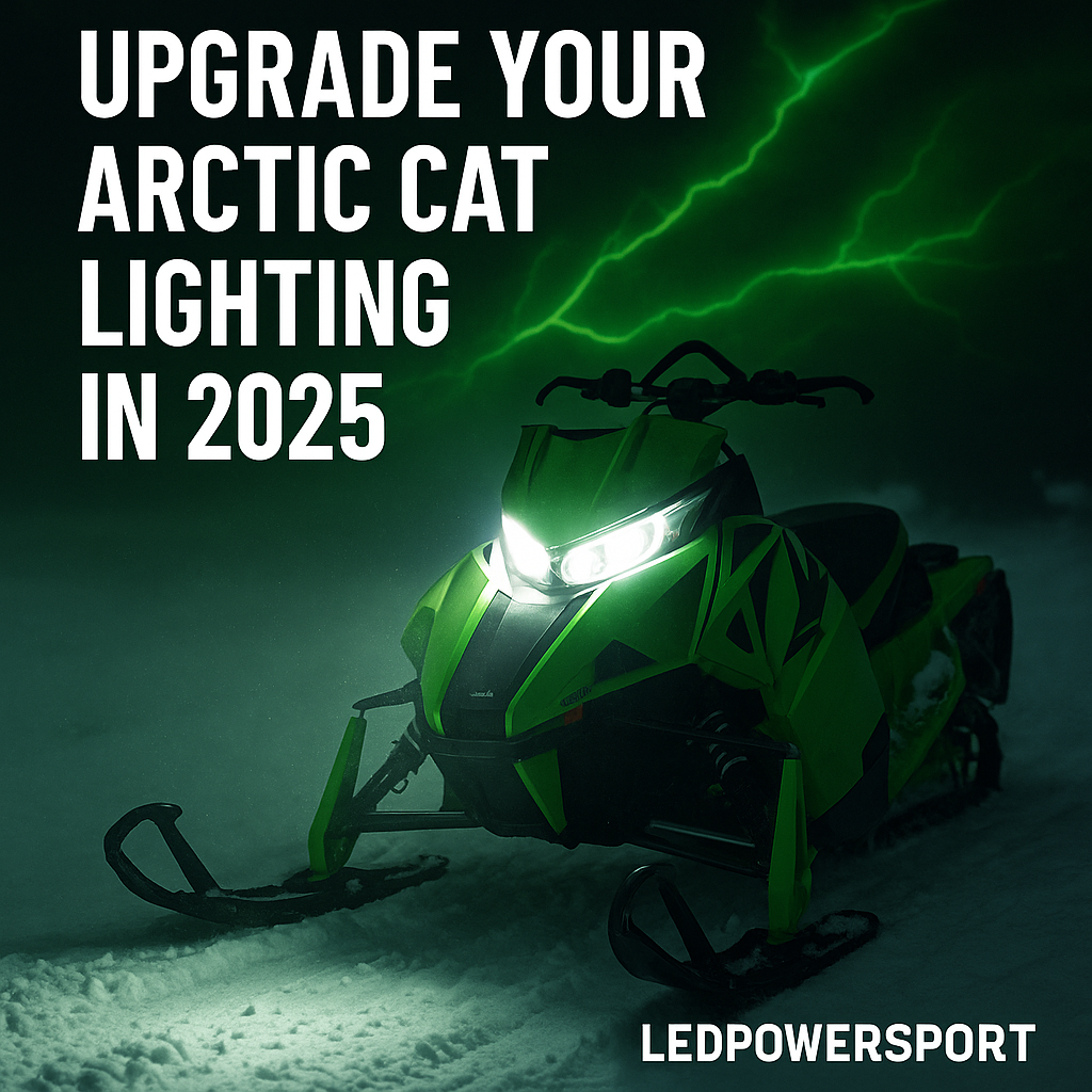 Green Arctic Cat snowmobile with bright LED headlights and green lightning sky, promoting 2025 LED lighting upgrades by LEDPowersport.