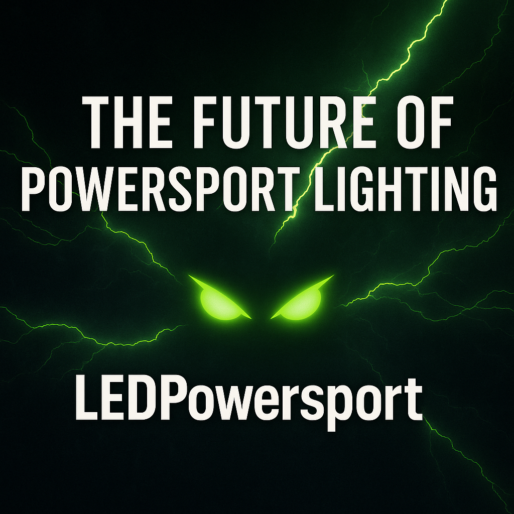 The Future of Powersport Lighting banner with green lightning, glowing LEDPowersport™ eyes logo, and bold white title text on dark background.