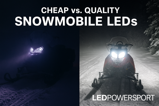 Side-by-side image comparing cheap snowmobile LED headlights with purple flickering beams vs. LEDPowersport’s bright white high-power beam on snowy trail.