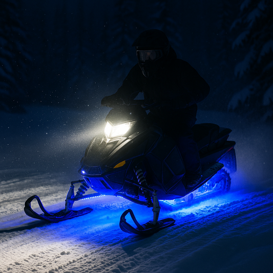 Snowmobile with bright white LED headlights and green-blue underglow riding through a snowy forest at night, showcasing LEDPowersport™ off-road lighting performance and trail-legal visibility.