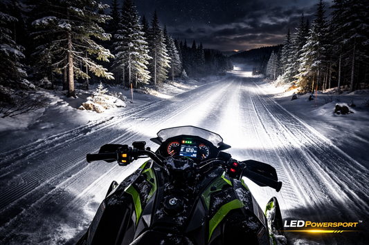 LED powersport snowmobile headlights lighting dark winter trail with focused 12V white beam