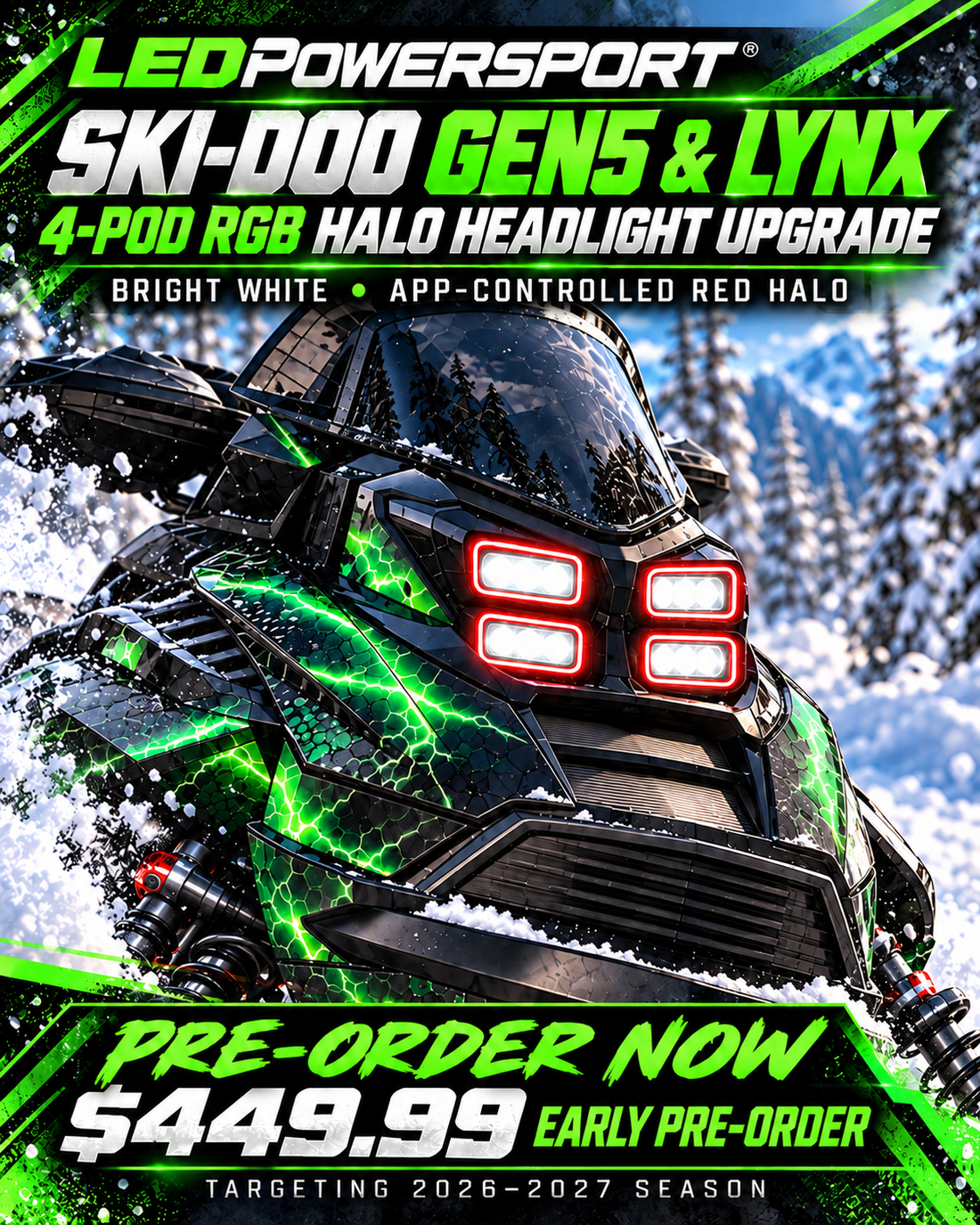 Concept ad for LEDPowersport’s Gen5 and Lynx four-pod LED headlight upgrade with rgb halos.