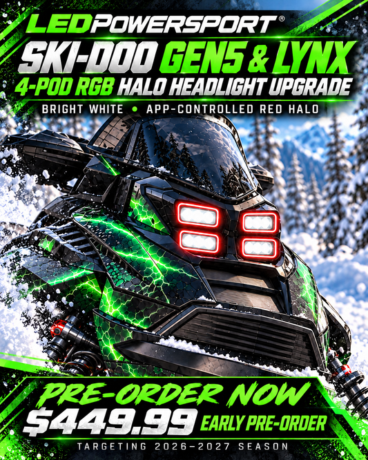 Concept ad for LEDPowersport’s Gen5 and Lynx four-pod LED headlight upgrade with rgb halos.