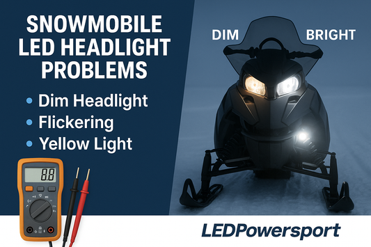 Snowmobile LED headlight problems graphic showing dim vs bright headlights, flickering issues, and multimeter testing.