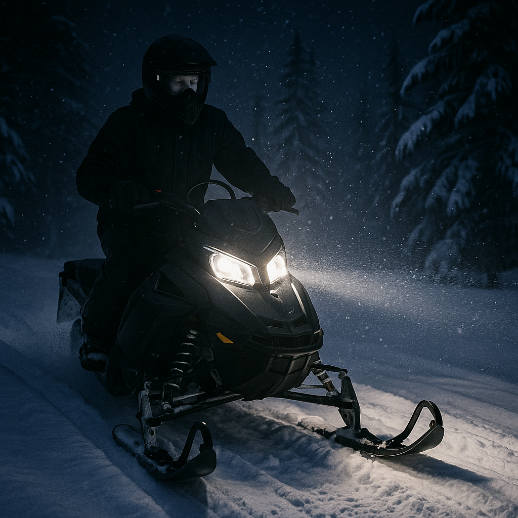 Snowmobile rider using bright white LED headlights at night for better visibility and trail safety