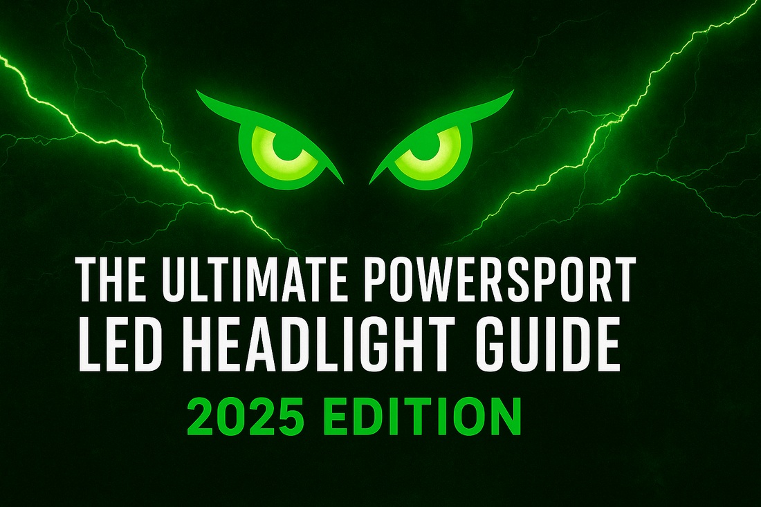 The Ultimate Powersport LED Headlight Guide 2025 Edition banner with green lightning, glowing LEDPowersport™ eyes logo, and bold white and green title text on dark background.