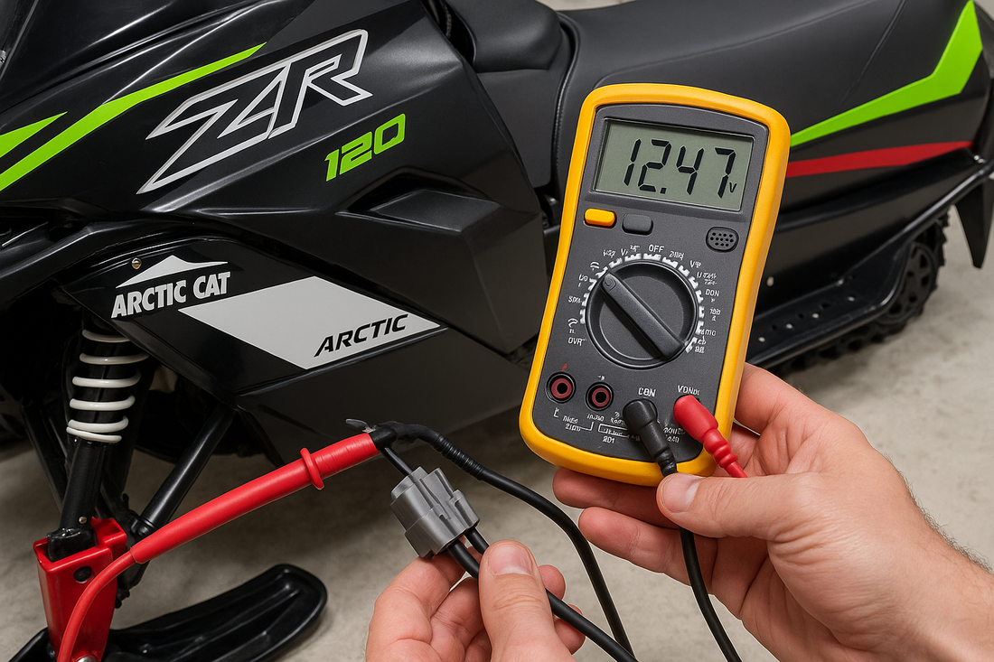 Multimeter testing AC vs DC voltage at a snowmobile headlight plug on an Arctic Cat ZR 120 for LEDPowersport™ LED headlight installation.