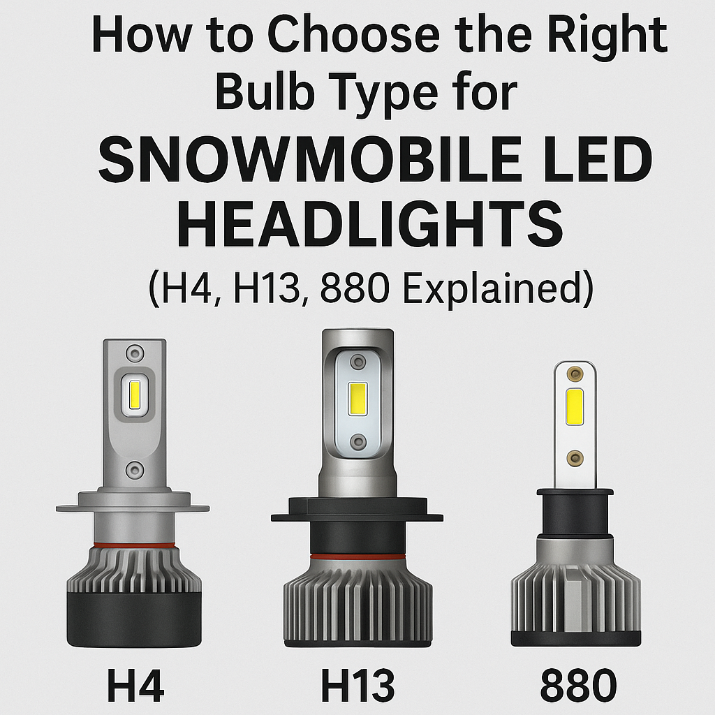 “Infographic showing H4, H13, and 880 LED headlight bulbs with labeled designs for snowmobile LED headlights – LEDPowersport guide”