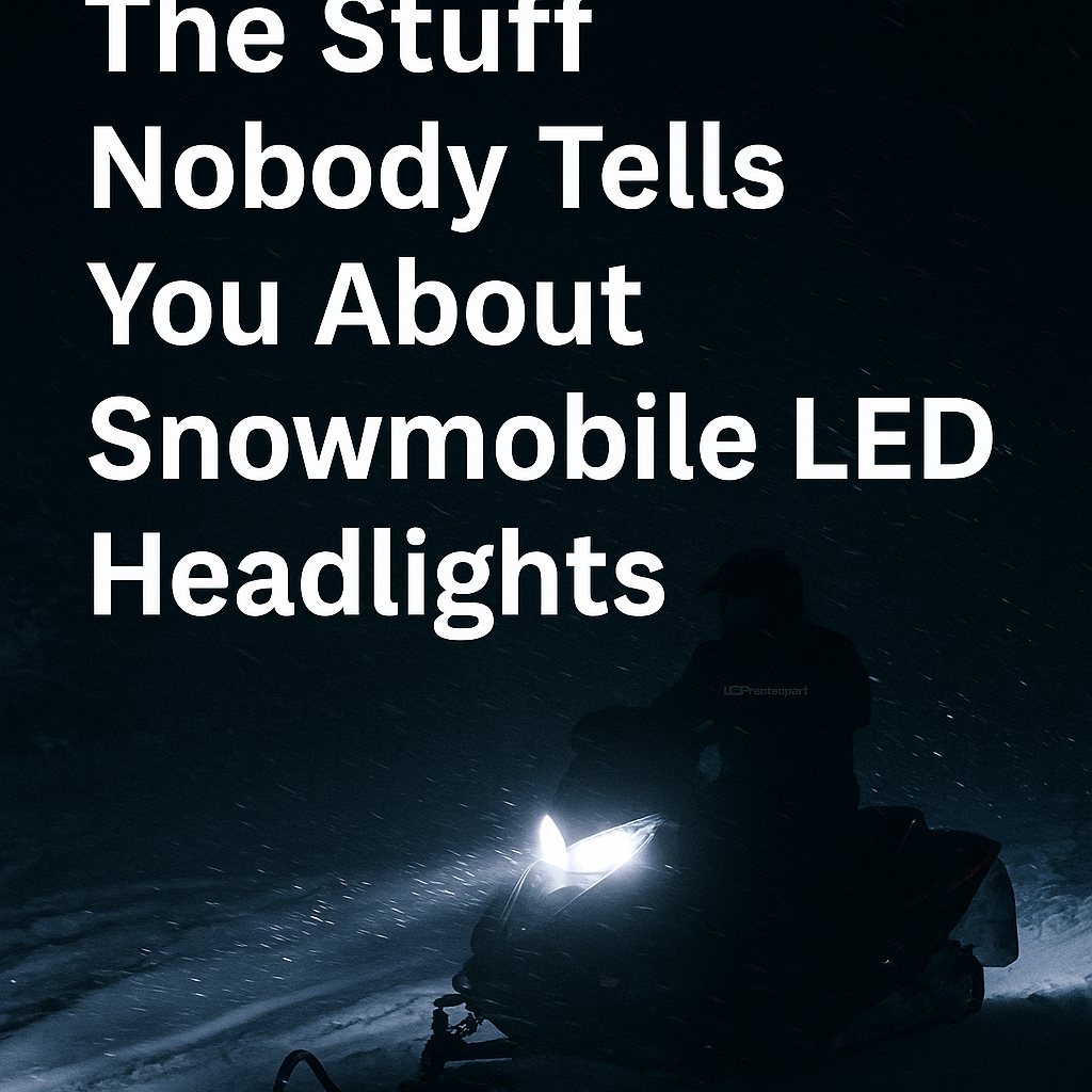 Snowmobile LED headlights shining on snowy trail with blog title overlay