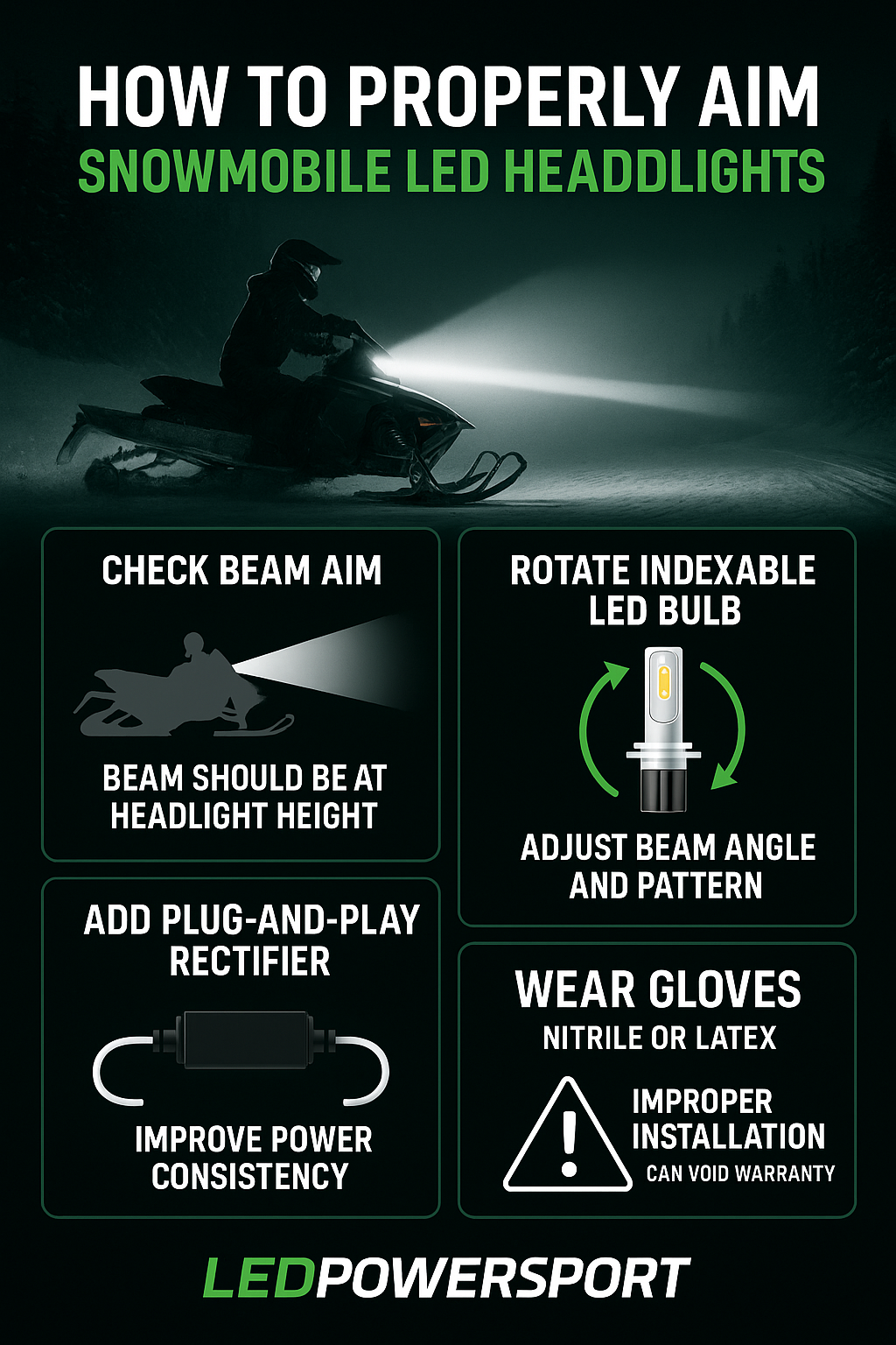 Snowmobile LED headlight aiming guide by LEDPowersport showing proper beam alignment, indexable LED bulb adjustment, plug-and-play rectifier installation, and glove safety warning to avoid warranty issues.