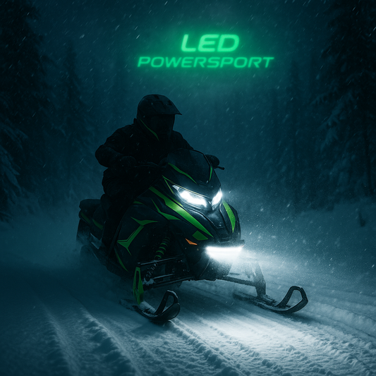 Snowmobile with bright white LED headlights on icy trail at night – LEDPowersport