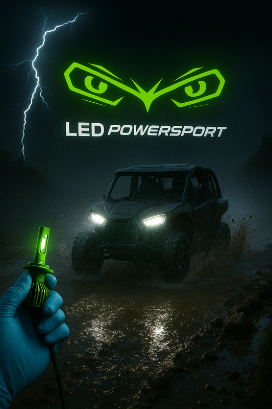 Off-road UTV with bright white LED headlights powering through a muddy trail during a storm, featuring LEDPowersport green LED bulbs in gloved hands and the LEDPowersport logo glowing overhead.