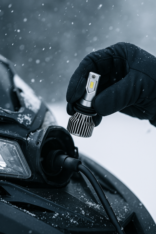 Close-up of a snowmobile LED headlight being correctly installed from the rear of the housing, with a gloved hand positioning the bulb in snowy conditions.