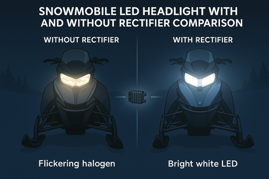 Snowmobile LED headlight with and without rectifier comparison