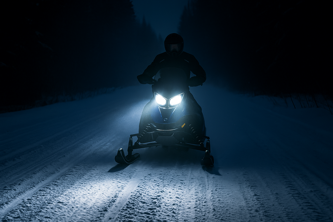 Snowmobile riding at night with bright white LED headlights on snowy trail.