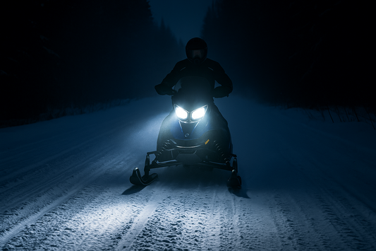 Snowmobile riding at night with bright white LED headlights on snowy trail.
