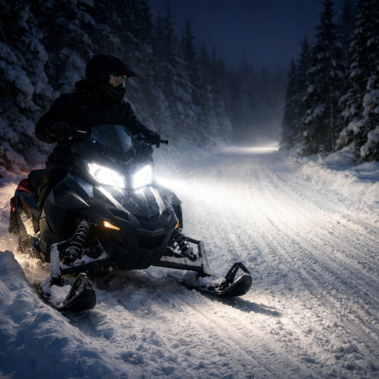snowmobile LED headlights illuminating trail at night with bright white beam for improved visibility