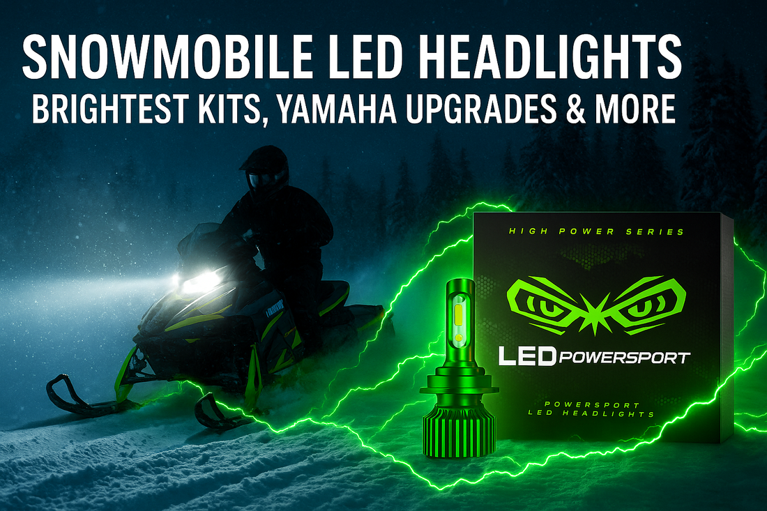 Snowmobile with bright white LEDPowersport™ High Power Series headlights riding through snow at night, green lightning and product box with chrome green LED bulb.
