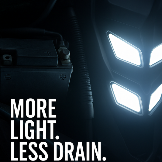 Close-up of a snowmobile battery next to bright white LED headlights with text “More Light. Less Drain.” – promotes LEDPowersport snowmobile LED efficiency.