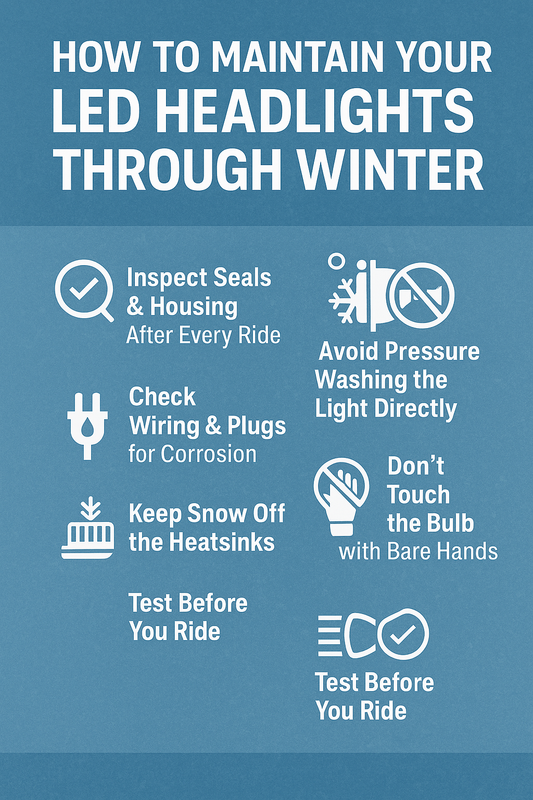 Infographic titled “How to Maintain Your LED Headlights Through Winter,” showing six tips: inspect seals, avoid pressure washing, check wiring, don’t touch the bulb with bare hands, keep snow off heatsinks, and test before each ride.
