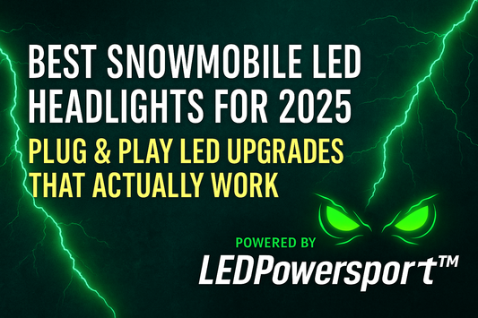 Best Snowmobile LED Headlights 2025 banner with green lightning, glowing LEDPowersport™ eyes logo, and bold text “Plug & Play LED Upgrades That Actually Work.”