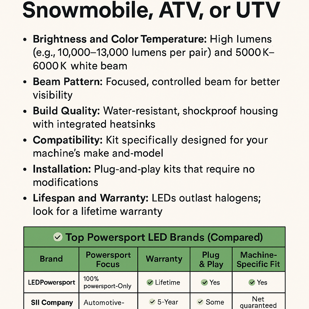 Informational graphic showing how to pick the best LED headlights for snowmobiles, ATVs, and UTVs, including brightness, beam pattern, build quality, compatibility, and a comparison chart of top powersport LED brands.