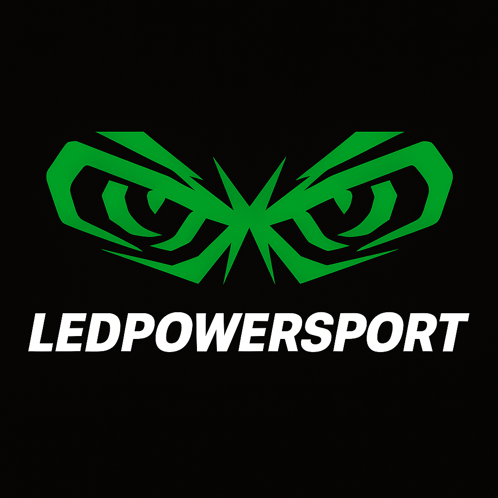 LEDPowersport logo with green angular eyes and white LEDPowersport branding on a black background