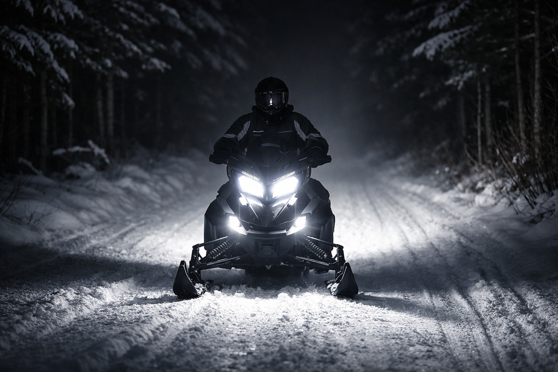 snowmobile LED headlights bright white beam night trail