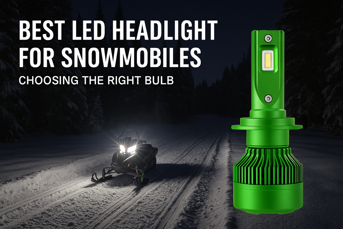 LEDPowersport™ green High Power Series LED bulb with snowmobile headlights on snowy trail – best LED headlight for snowmobiles